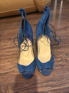 Christian Louboutin Blue Suede Lace-Up Peep-Toe Heels